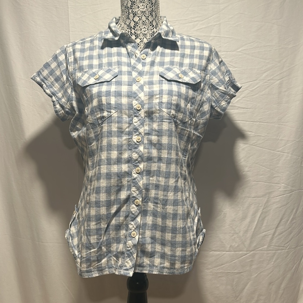 Large Columbia Short Sleeve Button Down Blue Plaid Shirt